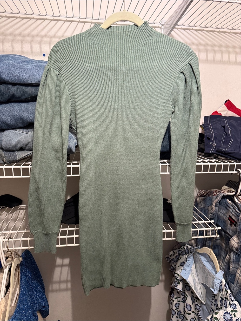 Women's Ribbed Long-Sleeve Knit Dress in Sage Green